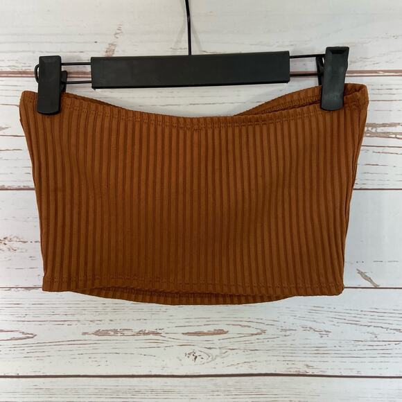 Windsor M Brown Ribbed Knit Strapless Cropped Tube Top - Picture 3 of 5